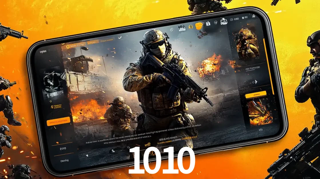 Um smartphone exibindo a interface de um jogo de tiro em primeira pessoa, com um soldado em um cenário de batalha, representando a ação dos e-sports para apostar no 1010.