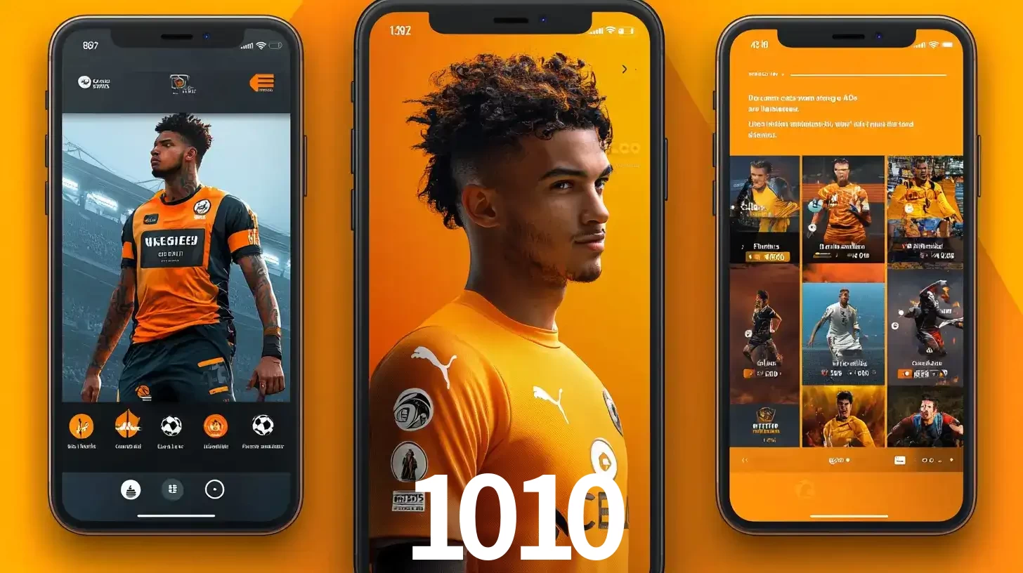 Interface do aplicativo de apostas esportivas 1010 em três telas de celular, mostrando o perfil de um jogador de futebol e a lista de jogos disponíveis para apostar.