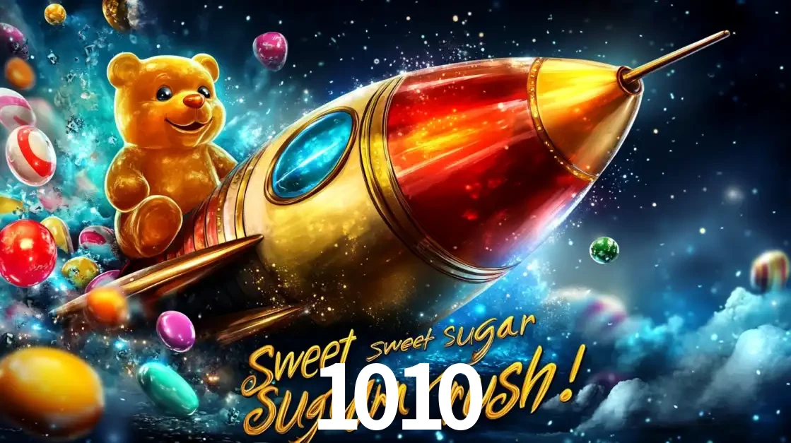 Arte promocional do jogo de slot Sugar Rush, com um urso de pelúcia em um foguete viajando pelo espaço de doces, um dos jogos divertidos disponíveis no cassino 1010.