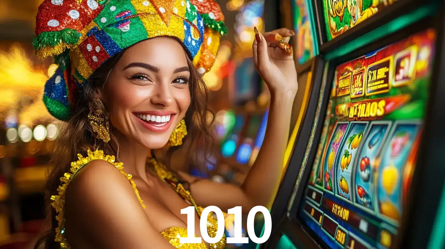 Mulher feliz com traje de carnaval amarelo e colorido ao lado de uma máquina de caça-níqueis, aproveitando a diversão e os jogos temáticos do cassino 1010.
